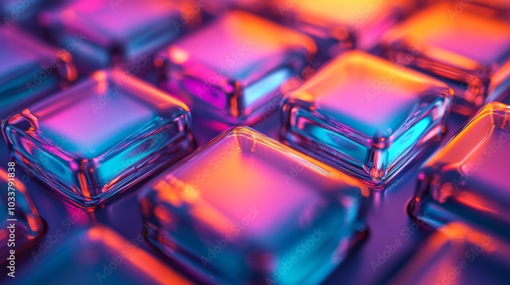 Poster group of colorful square-shaped cubes arranged in grid pattern with warm glow, creating depth and di