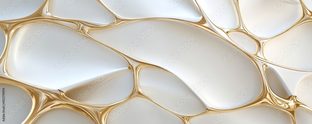 Poster abstract 3d rendering of a smooth golden liquid flowing and forming organic shapes on a white surfac