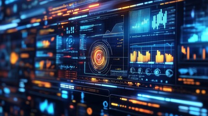 Close-up of computer screen with colorful graphs and charts arranged in grid pattern, hinting at data analysis in futuristic setting.