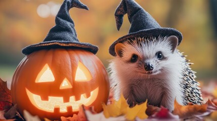 Naklejka premium Hedgehog in a witch hat poses with a carved pumpkin amidst autumn leaves, AI