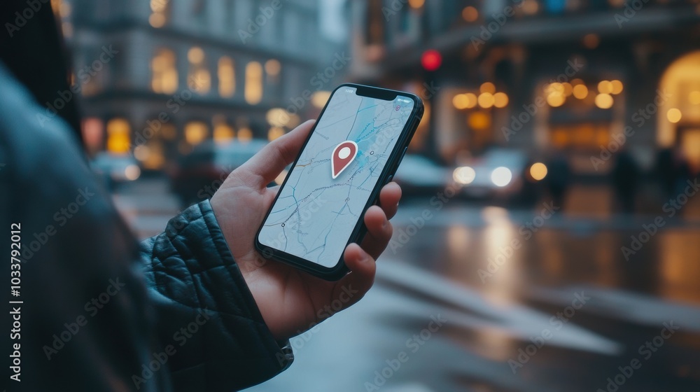 Fototapete a male hand grips a smartphone showing a map with a location pin as traffic moves in the background 