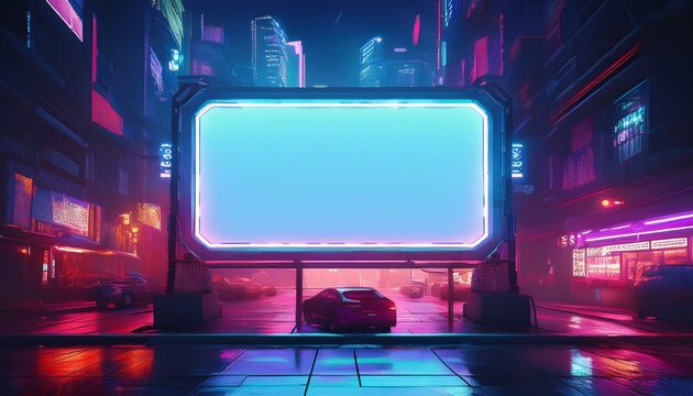 Leere Werbetafel auf dem Geb&auml;ude in einer Cyberpunk-Stadt. Neonlicht, dunkle regnerische Stimmung. Platz f&uuml;r Text und Bilder.