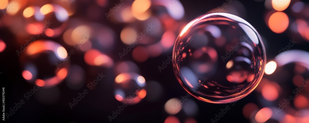 Poster translucent bubbles float in the air against a backdrop of blurred red and orange lights, creating a
