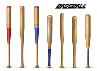 Set illustration of seven wooden baseball bats, each with a unique design. Some bats display natural wood grain, while others feature painted sections in red, blue, or black. The collection highlights