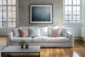 Obraz premium Minimalist, contemporary Scandinavian interiors in the living room with art frames hanging on the wall and sofas. Generative AI 