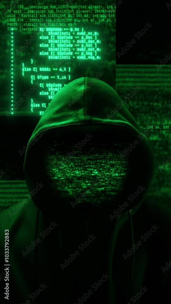 Poster hacker with hoodie and glitch face. computer abstract digital code at the background. cryptocurrency