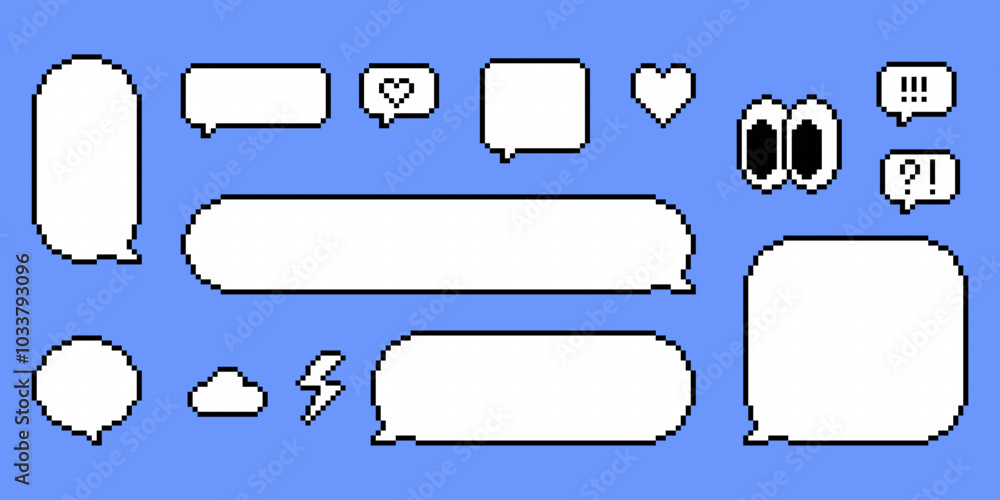 Fototapete pixel empty speech bubbles set. y2k pixelated shape for chat, text message, dialog, conversation fra