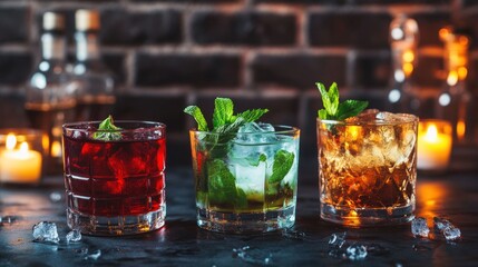 Three Colorful Cocktails on a Bar
