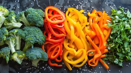 Colorful arrangement of fresh sliced broccoli florets and bell pepper strips on a dark background  Healthy raw vegetables organic produce ingredients for cooking and meal