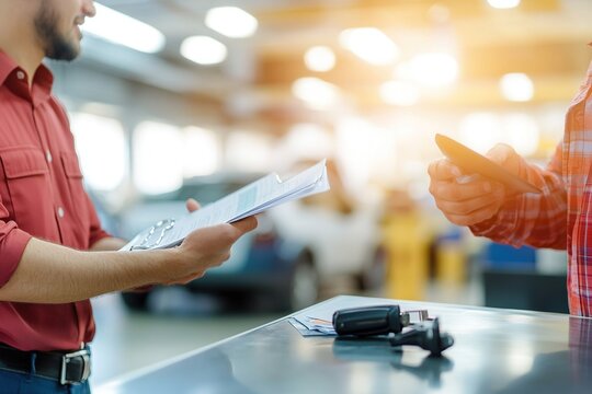 Customer and service advisor discussing car maintenance details with documents and smartphone