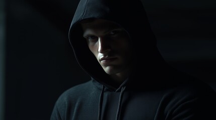 Mysterious figure in a dark hoodie stands in shadowy surroundings during nighttime