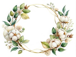 Fototapeta premium Surreal Botanical Frame and Border Set with Watercolor Cotton, Beige and Green Leaves, Gold Line Circle, and Plant Wreath for Elegant Design Projects