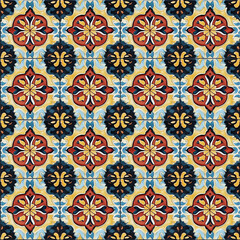 Vibrant Floral Tile Pattern with Symmetrical Orange and Black Motifs seamless pattern