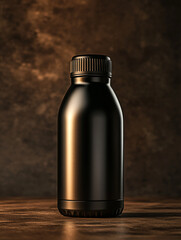 product photography: Sophisticated black bottle displayed in a beautiful brownish minimalist environment.  Luxurious image.