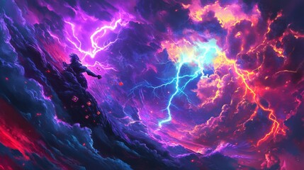 Zeus digital painting lightning bolt Zeus storm clouds neon accents