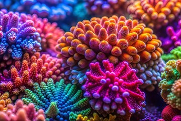 Fototapeta premium Colorful coral polyps in vibrant underwater reef close-up