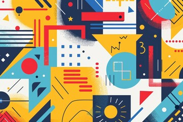 Colorful abstract geometric design featuring shapes, lines, and vibrant colors creating a lively visual composition