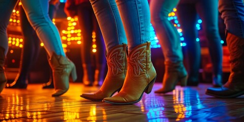 People in cowboy boots on wooden floor with legs in air. Blurred background of colorful lights at nightclub.