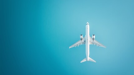 A commercial airplane flying high in a clear blue sky during daytime showing its underside and wings extended