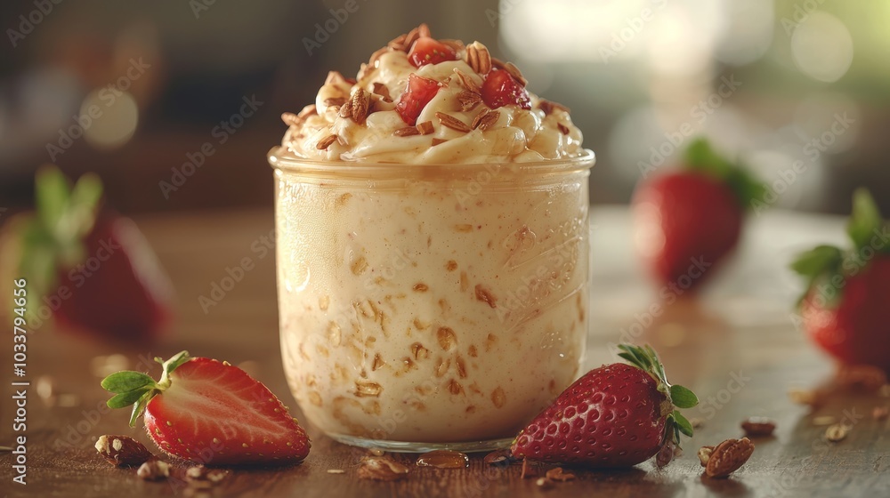 Wall mural creamy overnight oats in a jar with strawberries