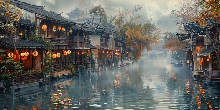 Beautiful traditional Jiangnan landscape illustration featuring Suzhou under misty rain, reflecting ancient Chinese culture and serene water town vibes. A picturesque scene of bridges, canals, and cla