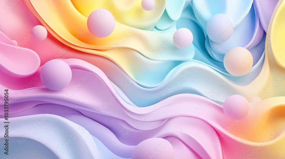 Poster abstract waves of pastel colors with spherical shapes creating a serene and modern artistic backgrou