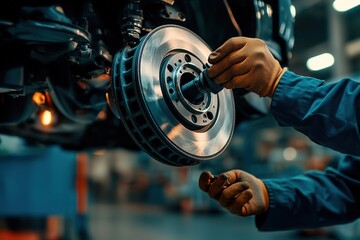 Mechanic adjusting a brake rotor with tools while wearing protective gloves in an automotive workshop