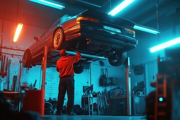 Mechanic inspecting a car lifted on a hydraulic lift in a dimly lit garage with neon lighting