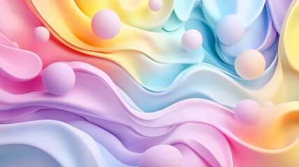 Abstract waves of pastel colors with spherical shapes creating a serene and modern artistic background for creative projects