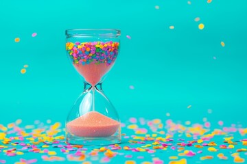 Colorful Hourglass with Confetti on Vibrant Background
