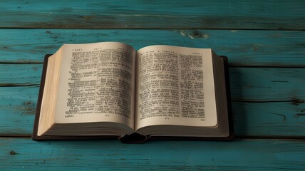 Fototapeta premium Open holy bible on a turquoise wooden surface With extra wide copy space to add text. Holy scriptures. Ideal for blogs, presentations, religious meetings, Prayer groups and much more.