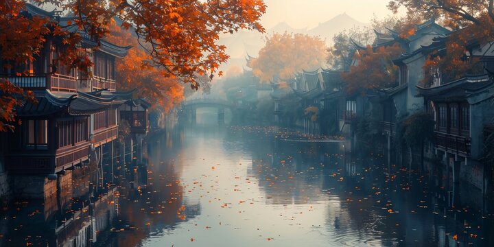 Beautiful traditional Jiangnan landscape illustration featuring Suzhou under misty rain, reflecting ancient Chinese culture and serene water town vibes. A picturesque scene of bridges, canals, and cla