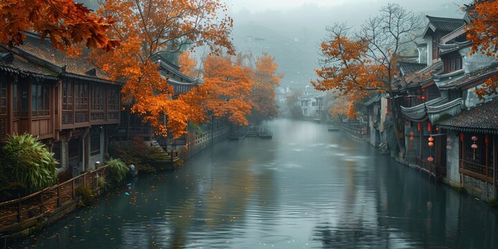 Beautiful traditional Jiangnan landscape illustration featuring Suzhou under misty rain, reflecting ancient Chinese culture and serene water town vibes. A picturesque scene of bridges, canals, and cla