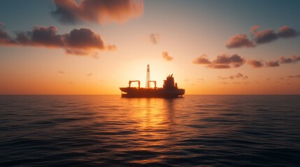 Offshore Oil Rig Silhouette at Sunset Over Calm Ocean