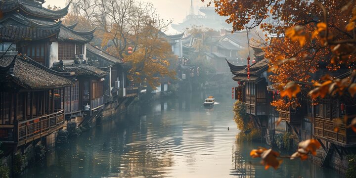 Beautiful traditional Jiangnan landscape illustration featuring Suzhou under misty rain, reflecting ancient Chinese culture and serene water town vibes. A picturesque scene of bridges, canals, and cla
