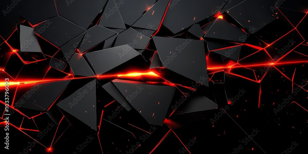 Aufkleber abstract digital art with geometric triangle pattern on black background; bright red line creates fu
