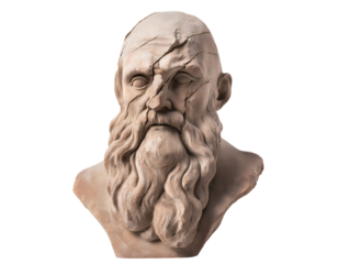 weathered stone bust ancient greek philosopher cracked surface isolated background
