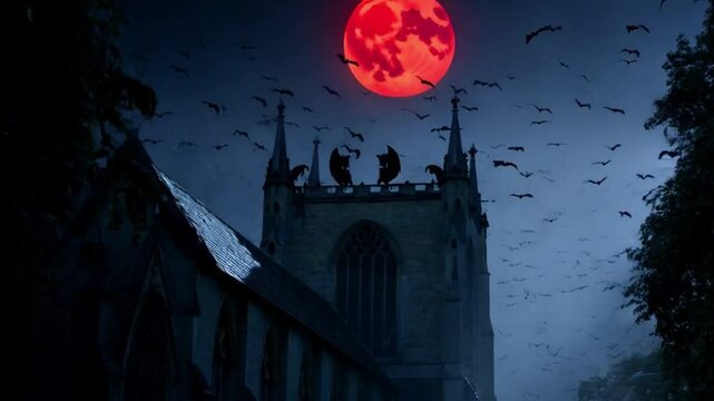 Bats swarm from the belfry of a gothic cathedral as an ominous red moon rises. Gargoyles perched atop the stone structure seem to come to life, watching over the fog-covered streets below.
