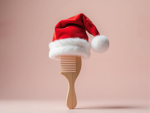 Wooden hair comb wearing santa claus hat for christmas on pink background