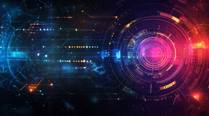 Obraz premium An abstract technology backdrop designed with a futuristic and colorful digital theme, perfect for showcasing the intersection of science, technology, and innovation. The background features vibrant, 