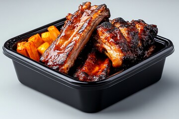 Delicious grilled ribs with a sweet barbecue glaze served with side of potatoes.