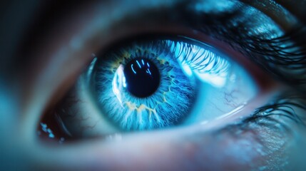 view of a human eye illuminated by a vibrant blue digital cyber light beam