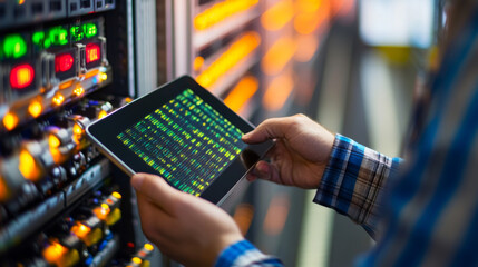 A detailed close-up image of an IT professional (administrator) working in a data center. The person is using a tablet device equipped with diagnostic tools and system monitoring software to identify 