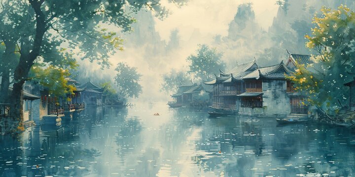 Beautiful traditional Jiangnan landscape illustration featuring Suzhou under misty rain, reflecting ancient Chinese culture and serene water town vibes. A picturesque scene of bridges, canals, and cla