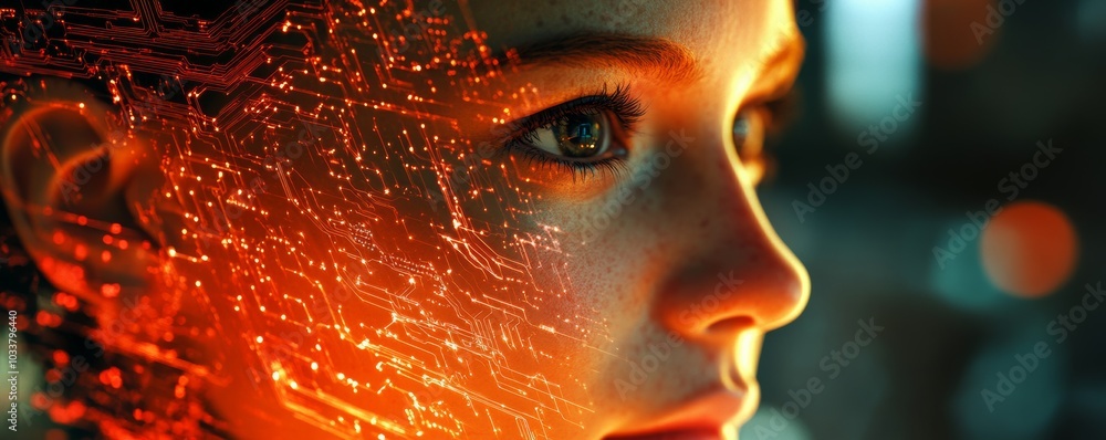 Wall mural Young woman's face close-up with glowing circuitry pattern, symbolizing the intersection of artificial intelligence and human-computer interaction