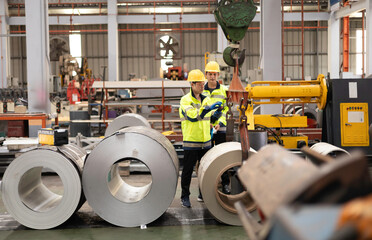 Two professional Asian male engineers analyze an industrial steel lift and inspect its operation.