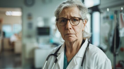 A woman wearing a white lab coat and glasses is standing in a hospital room