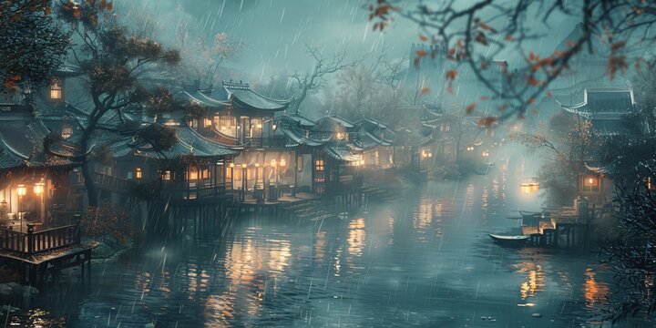 Beautiful traditional Jiangnan landscape illustration featuring Suzhou under misty rain, reflecting ancient Chinese culture and serene water town vibes. A picturesque scene of bridges, canals, and cla