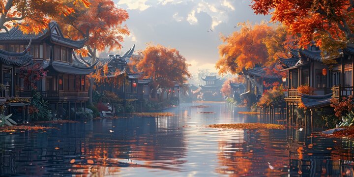 Beautiful traditional Jiangnan landscape illustration featuring Suzhou under misty rain, reflecting ancient Chinese culture and serene water town vibes. A picturesque scene of bridges, canals, and cla