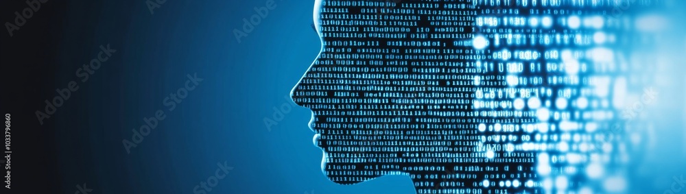 Poster close-up of human head and neck with binary code in blue background, creating a futuristic and moder